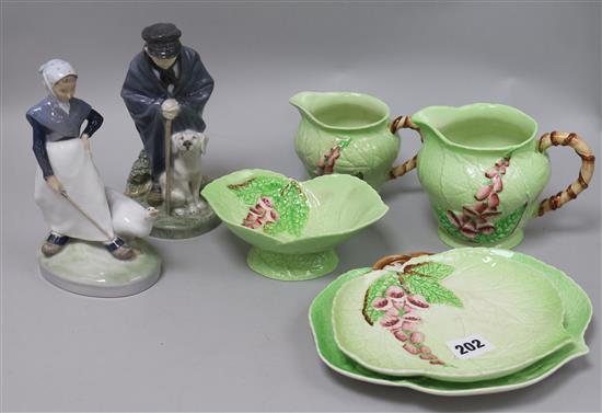 Two Royal Copenhagen groups of a boy with his dog and a girl with a goose, and five various Carltonware groups (7)